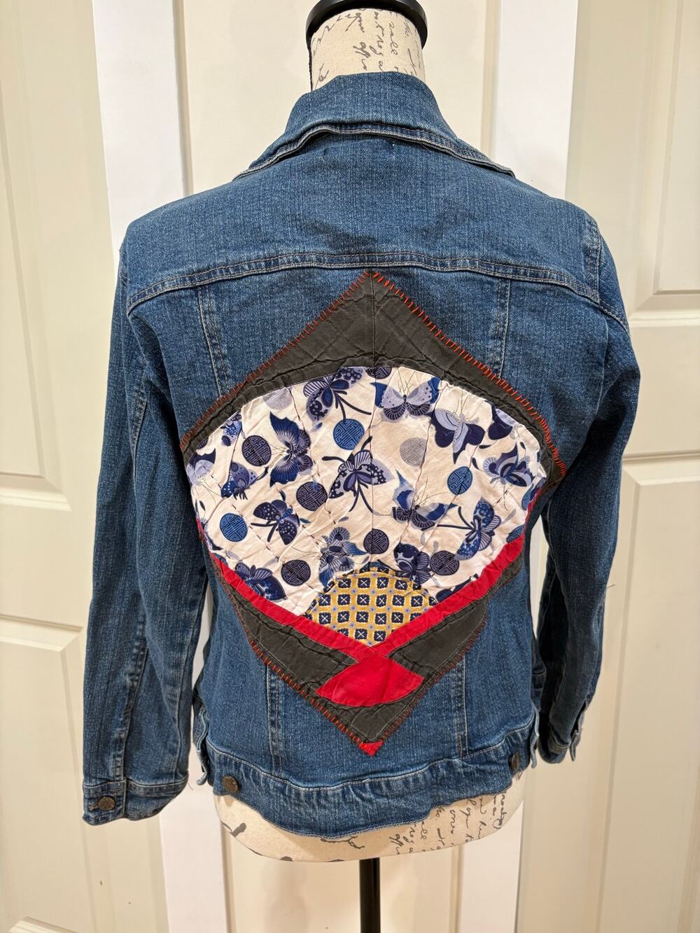 Reworked Repurposed Vintage Quilt Square Denim Jacket Size Medium